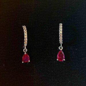 Lab Ruby Drop, Sterling Silver and CZ Huggie Hoops - stamped .925